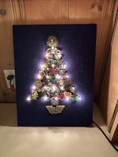 Vintage Unframed Costume Jewelry Tree Art Christmas Collage Lights Up Velvet