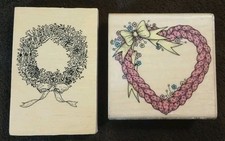 2 Rubber Stamps Wood Mounted Hero Arts BRAIDED HEART Unbranded FLORAL WREATH