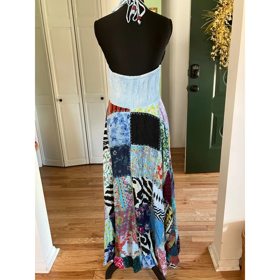 Lindo Vestido Maxi Patchwork de Algodão Halter Boêmio Hippie Colorido Festival M - Imagem 3 de 4
