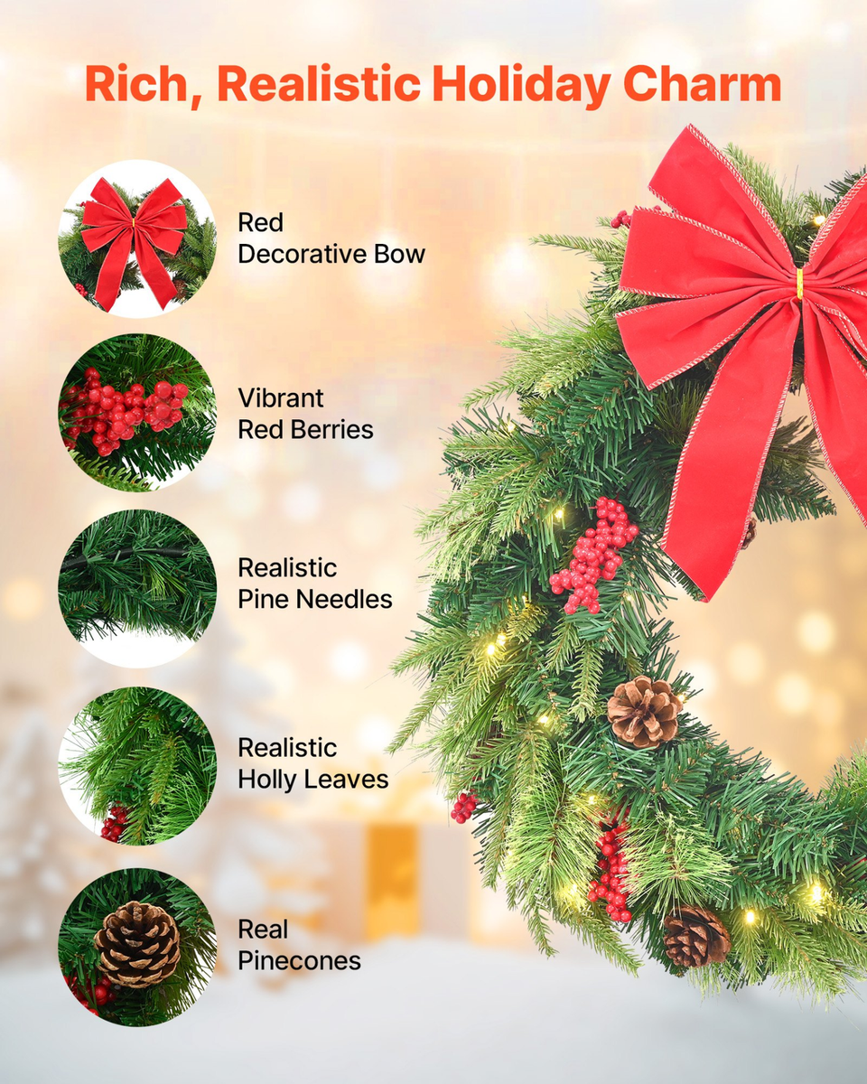 VEVOR Christmas Wreath 24 Inches Pre-Lit Artificial Christmas