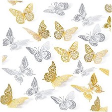3D Butterfly Wall Decor 48 Pcs 4 Styles 3 Sizes, Butterfly 48 Pcs, Gold silver