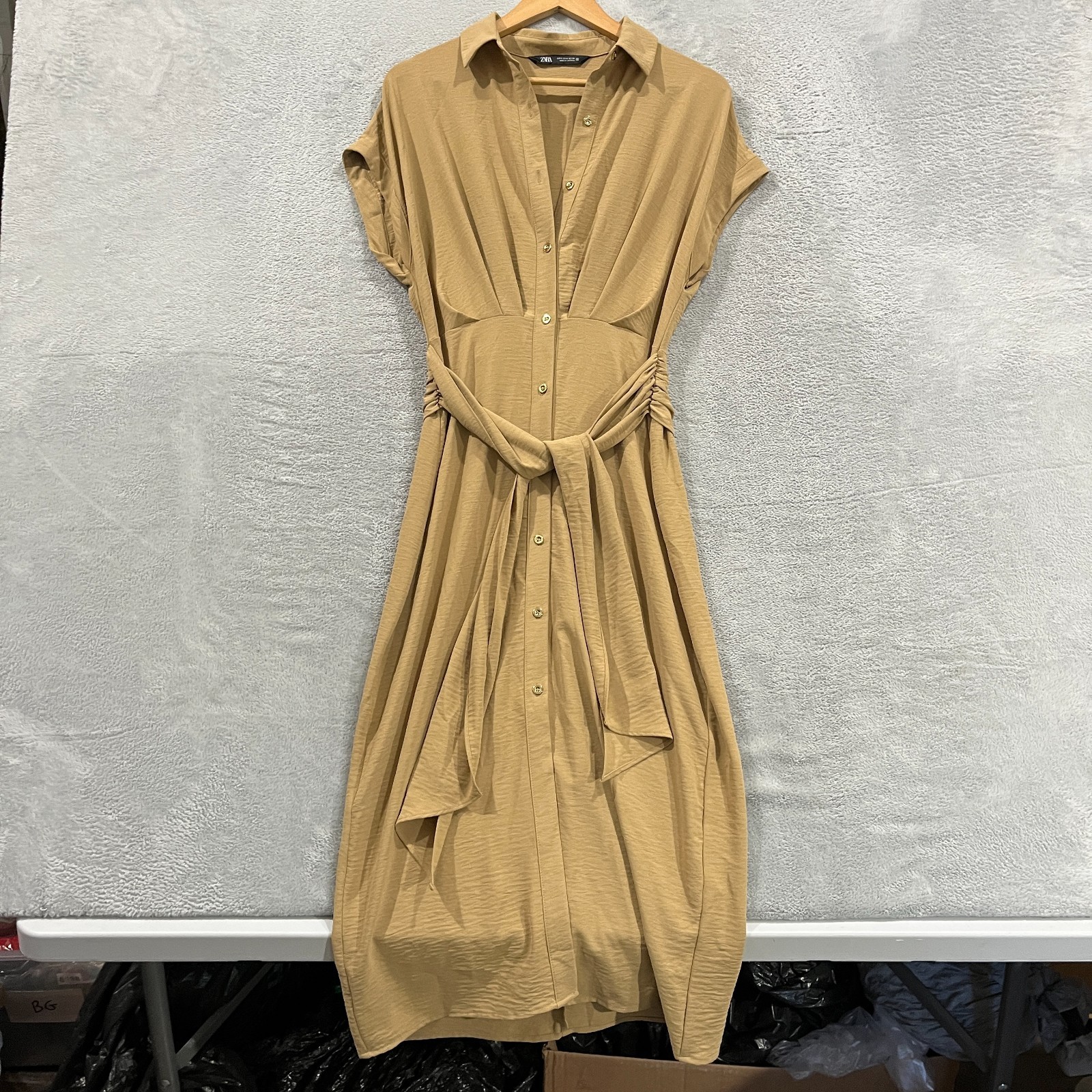 Zara Shirt Dress Women's Small Maxi Safari Belted Button Preppy Academia Camel