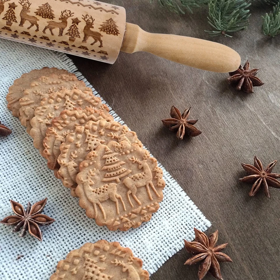 4Pack Christmas Wooden 3D Rolling Pins Embossed, Embossing Rolling Pin - Image 4 of 4