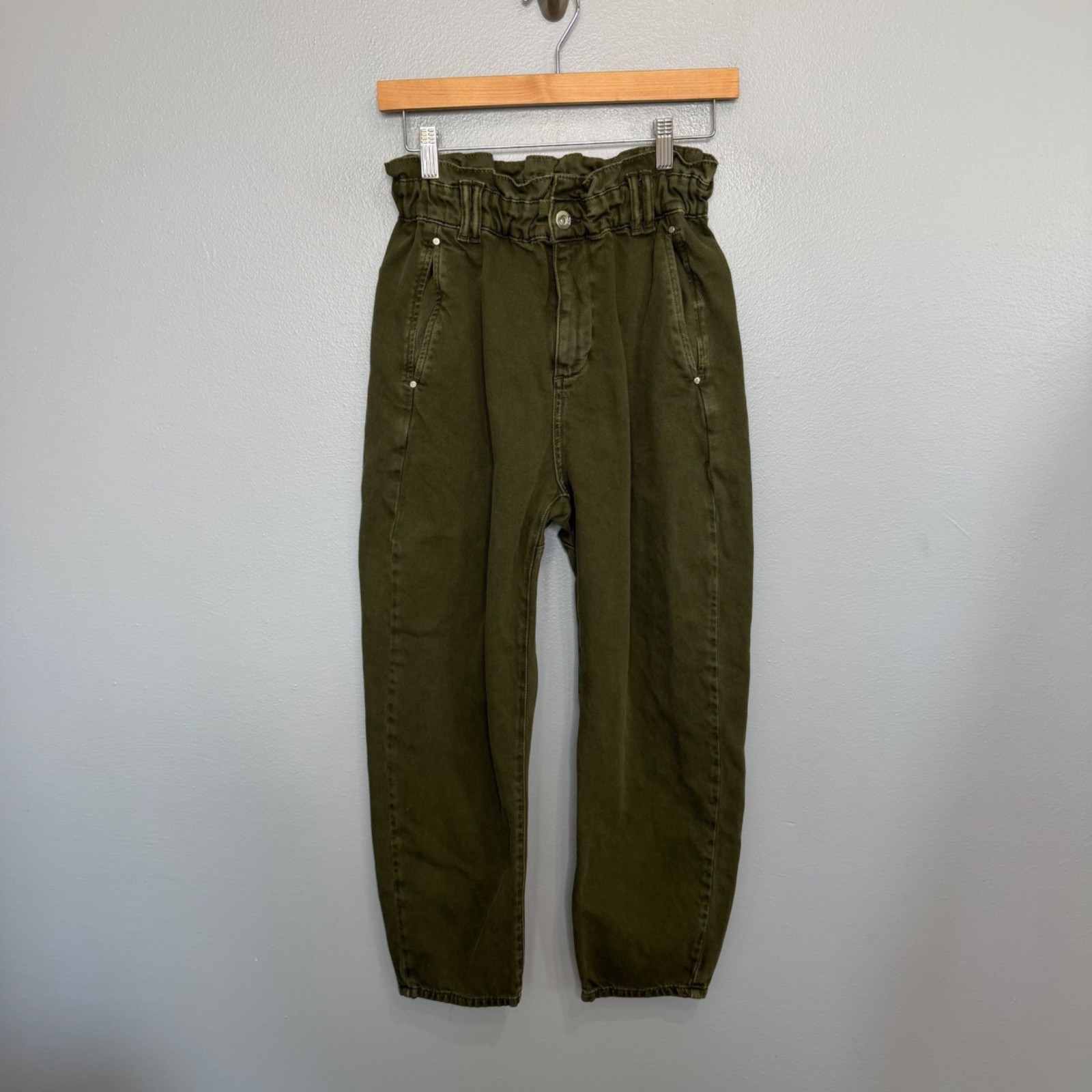 ZARA dark khaki (green) paperbag high waist baggy jeans size US 4 Womens Denim image 2