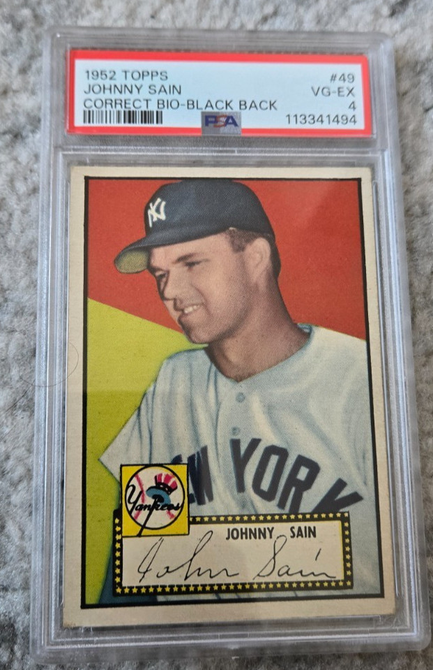 1952 TOPPS CARD JOHNNY SAIN YANKEES BRAVES A'S CORRECT BIO BLACK BACK # 49 PSA 4