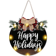 Happy Holidays Door Wreath Sign Christmas Decorations Buffalo Plaid Natural