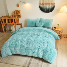 Luxury Shaggy Faux Fur Duvet Cover Set - King Aqua Green Ombre