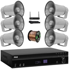 Pyle MP3 USB-A Sound Receiver, 6x 8.1'' Indoor PA Horn Speakers + Wireless Mic