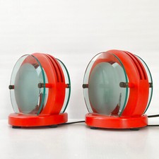 Pair Of Vintage Lamps 1970 Orange Lacquered Wood Orange & Glass 70S Space Age