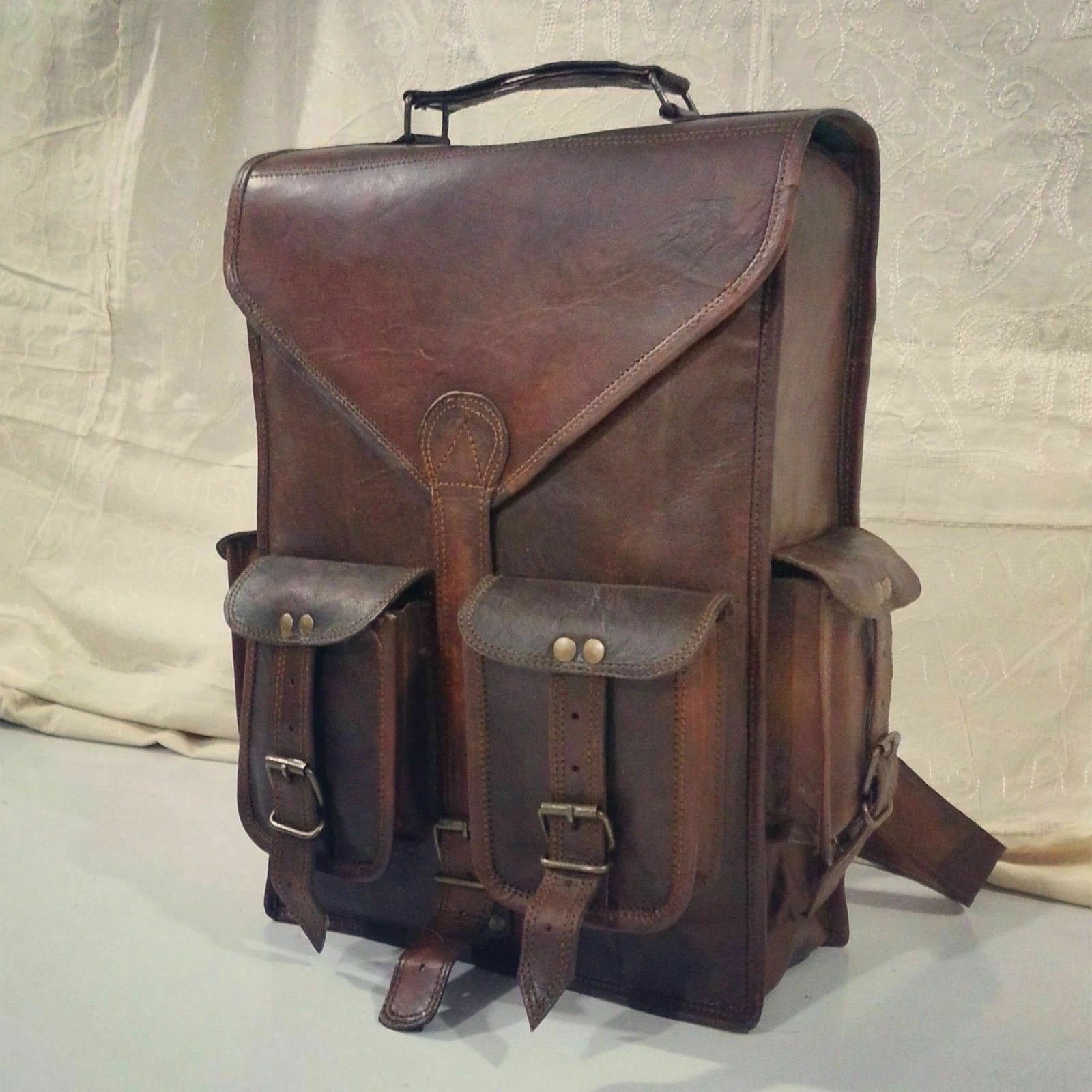 Vintage Leather Backpack Men Satchel Shoulder Travel Laptop School Rucksack Bag