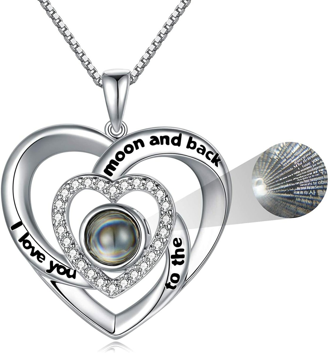 Sterling Silver I Love You 100 Languages Necklace CZ Heart Pendant Necklace  Gift