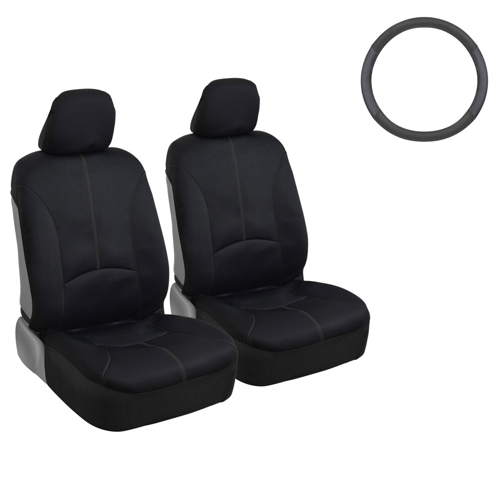 Waterproof Car Seat Covers Front + Leather Steering Wheel Cover Universal Size