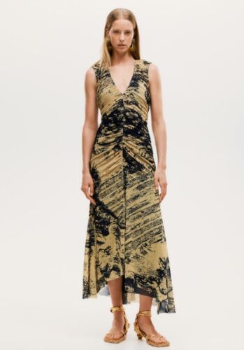 H&M Studio S/S 2024 Patterned Mesh Maxi Dress apstel Yellow Black V Neck Medium - Picture 1 of 6