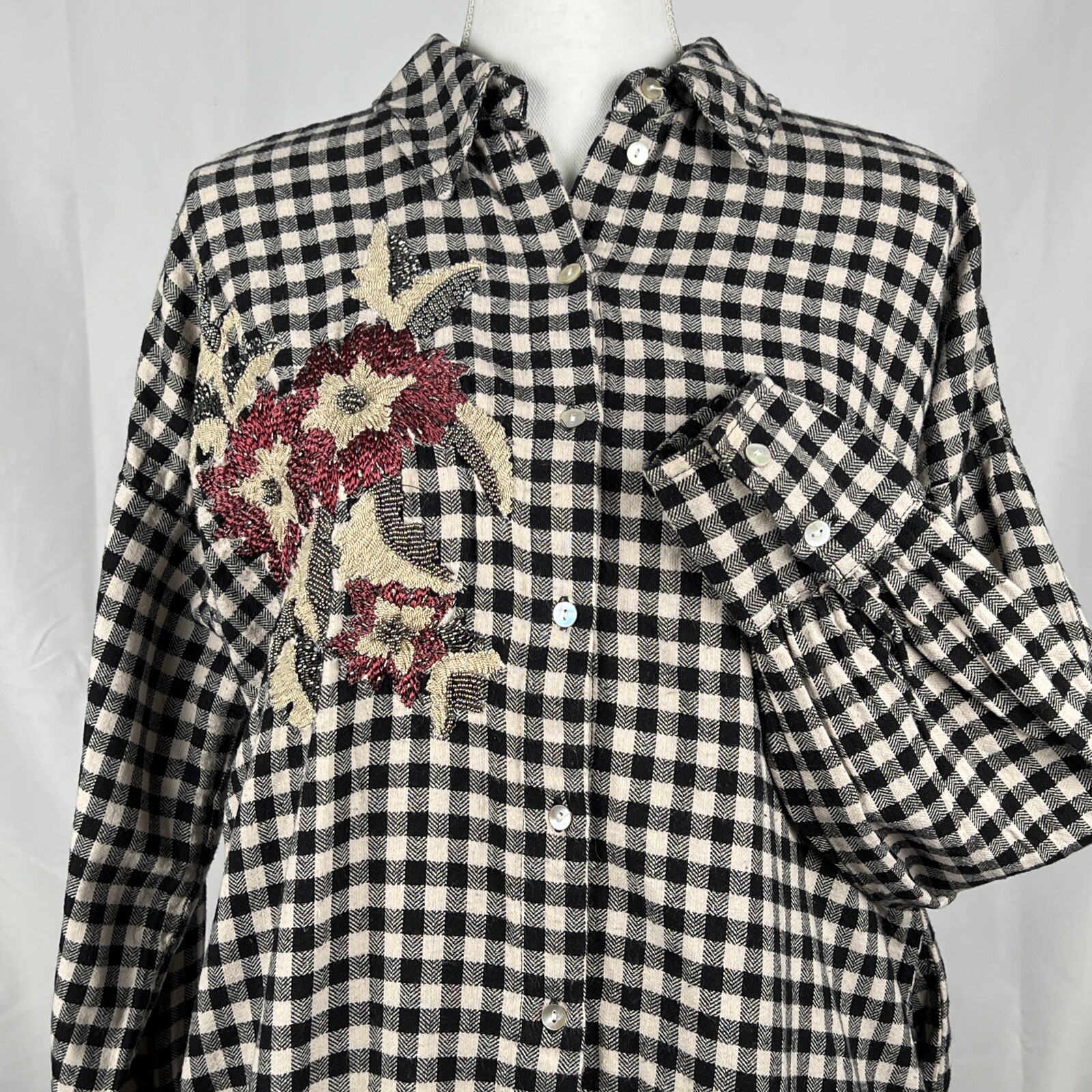 Zara Basic Flannel Shirt Tunic Medium Floral Bead… - image 3
