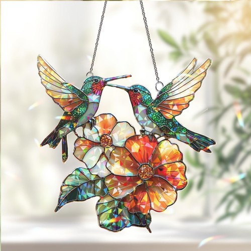 Colorful Hummingbird and Flowers Acrylic Suncatcher| Bright Garden, Home Decor