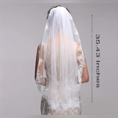 Lace Embroidered and Gems Edge Bridal Wedding Veil White  display picture 1
