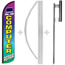 Computer Repair 15' Tall Windless Swooper Feather Banner Flag & Pole Kit
