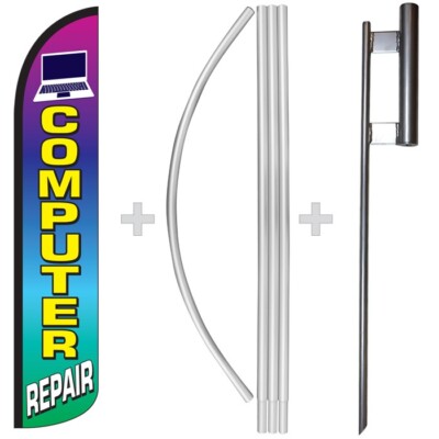 Computer Repair 15' Tall Windless Swooper Feather Banner Flag & Pole Kit
