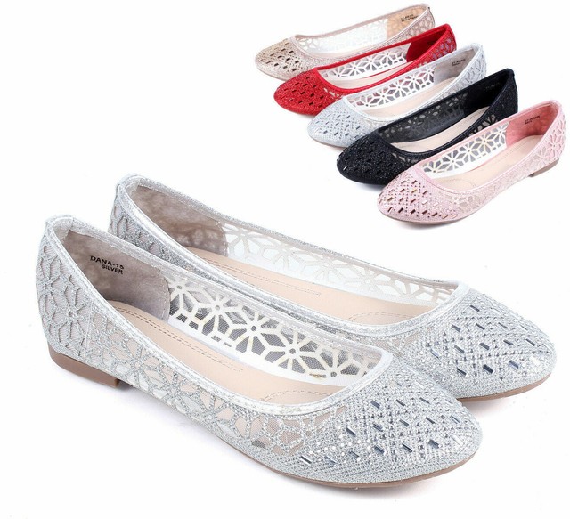 Silver Color Gliter Rhinestone Kids Girls Dress Ballet Flats Shoes