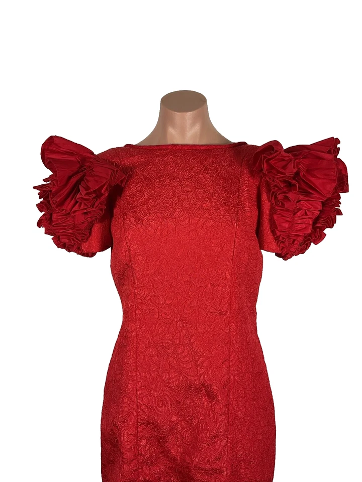 Vestido VICTOR COSTA Años 80 Rojo Sirena Noche 3D Mangas Hinchadas Tren De Colección 10 Foto 4 de 4