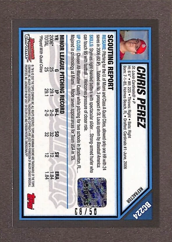 Bowman Chrome Prospects Gold Refractor 2007 #BC224 Chris Pérez automático/50 Foto 2 de 3