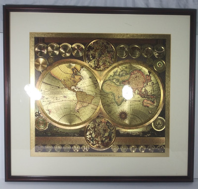 Peter Schenk 1645-1715 Elder Planisphaerium Terrestre Print GOLD Foil Map 27x23