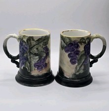 Vintage Pair J P L Limoges Hand Painted Signed Grape Mugs Steins 