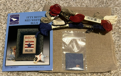 ITTY BITTY RED WHITE & BLUE TWISTED THREADS PATTERN FABRIC DMC FLOSS EMBELLISHME