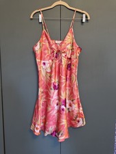 New Vtg LA INTIMATES Sz L Floral Pink SATIN Chemise Slip V Dress