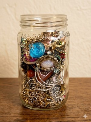 Large Heavy Mystery Jewelry Jar Full Of Wearable Rings, Necklaces, Bracelets Etc