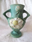 Vintage Rosevile USA Pottery Peony Green Double Handle Vase  "Chip"