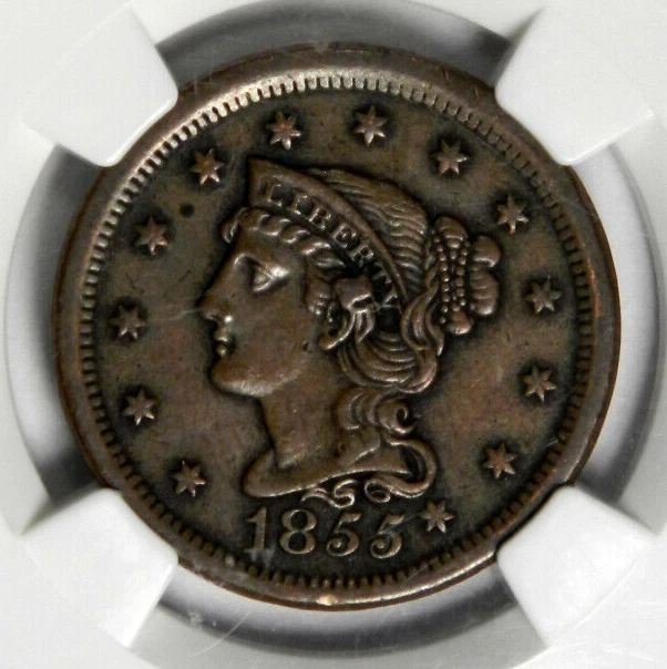 CENTAVO GRANDE 1855 ~ OREJA PERILLA N-9 ~ VARIEDAD AUDAZ NGC AU55 BN! Foto 2 de 4