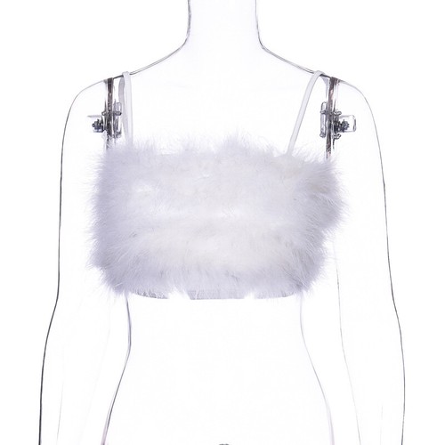 Ladies Faux Fur Crop Top Bustier Furry Spaghetti Strap Vest Tank Cami Punk  Slim | eBay