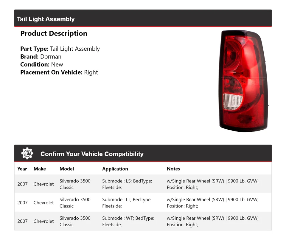 Conjunto de lanterna traseira direita Chevrolet Silverado 3500 Classic Dorman 2007 - Imagem 2 de 4