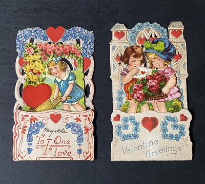 Vintage 1930s 1940s Pop Up Valentines Card Lot (2) - Cute Girls