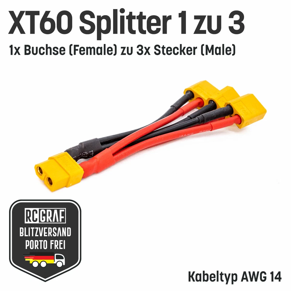 XT60 Adapter Buchse Stecker Parallel Adapter Y-Kabel Splitter 3-fach Akku 14AWG - Bild 4 von 4