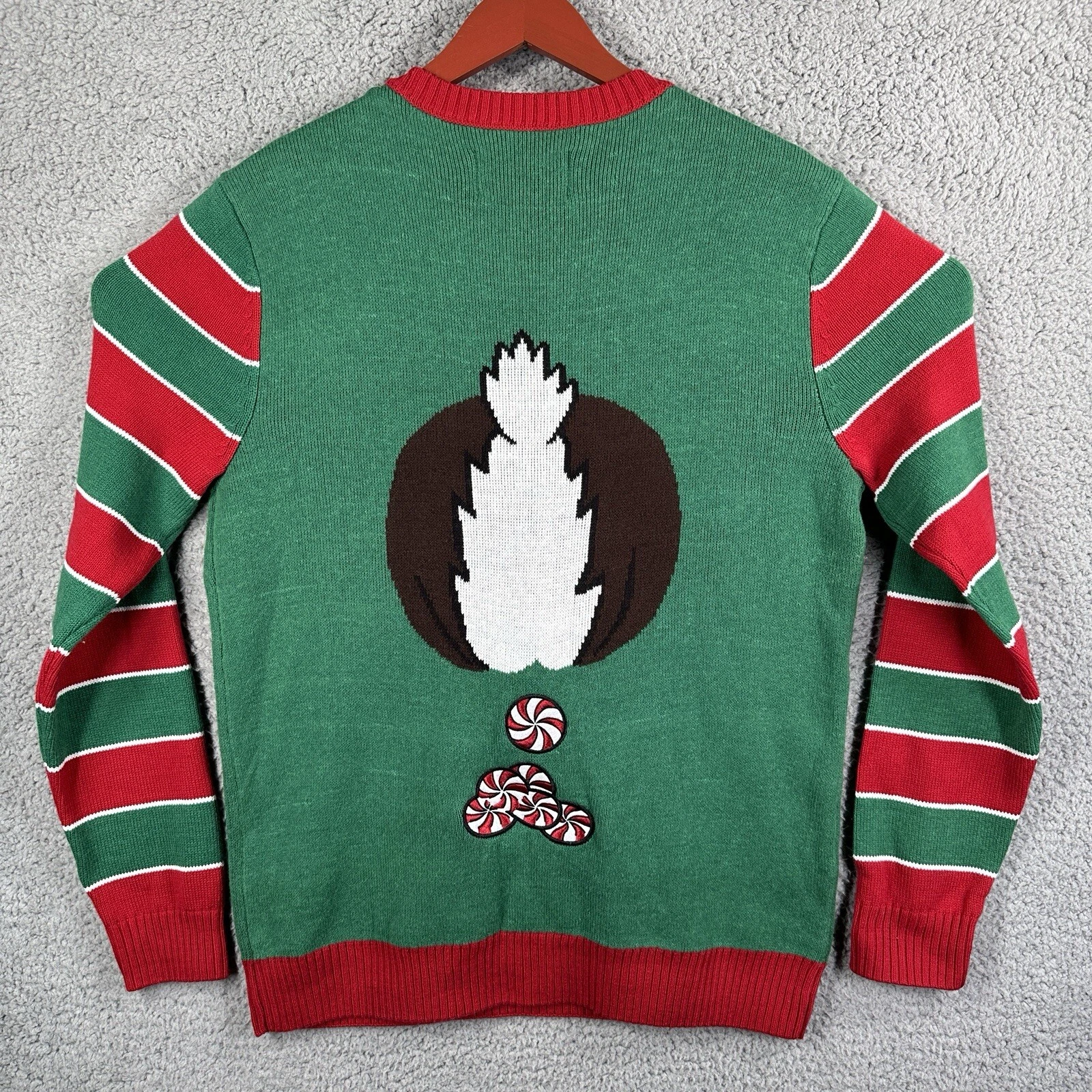 Ugly Christmas Sweater Reindeer Smiling Striped Front And Back Size Large Green