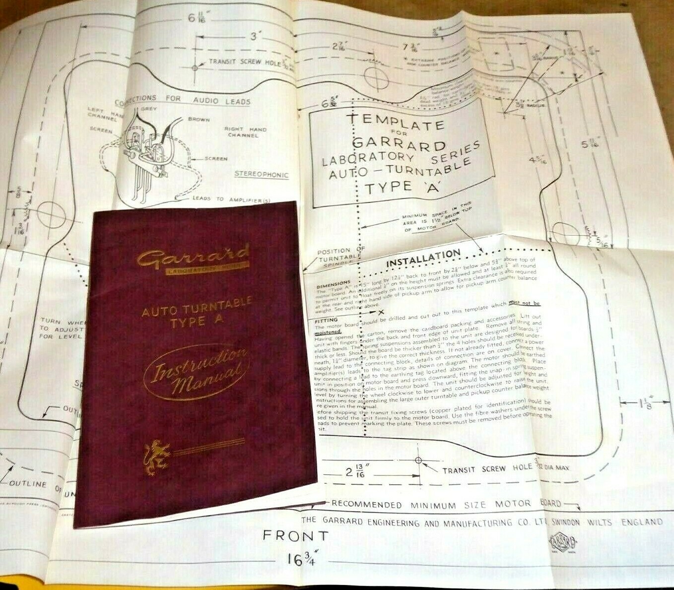 VINTAGE INSTRUCTION MANUAL + POSTER GARRARD AUTO TURNTABLE TYPE A NEW YORK  