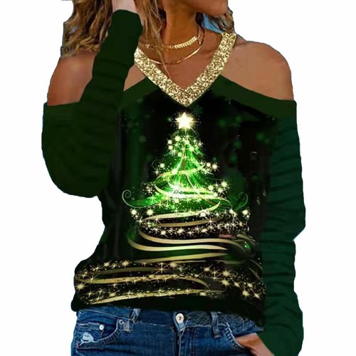 Womens Holiday Tee Cold Shoulder Xmas Blouse Ladies Christmas T Shirt Elk Tops - Picture 14 of 55