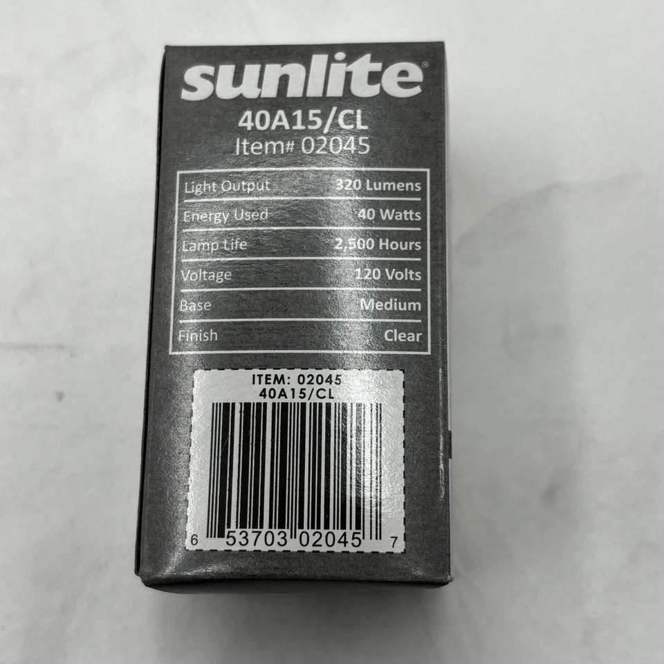 SUNLITE 40A15/CL APPLIANCE BULB LIGHT LAMP 02045 CLEAR 40W 120V320 LUMENS - Image 4 of 4