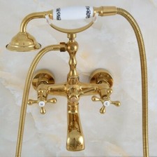 Polished Gold Brass Wall Mount Clawfoot Bath Tub Faucet Tap w/ Handheld Shower