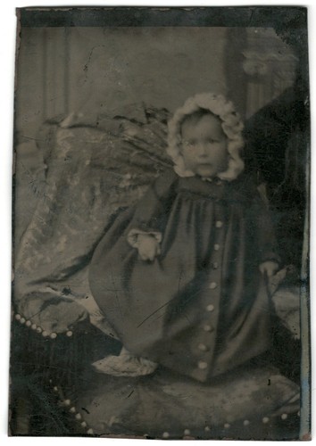 Tintype Photo - Baby Boy in Gown and Cap - Out of Focus-Named on Back 1856-1890s