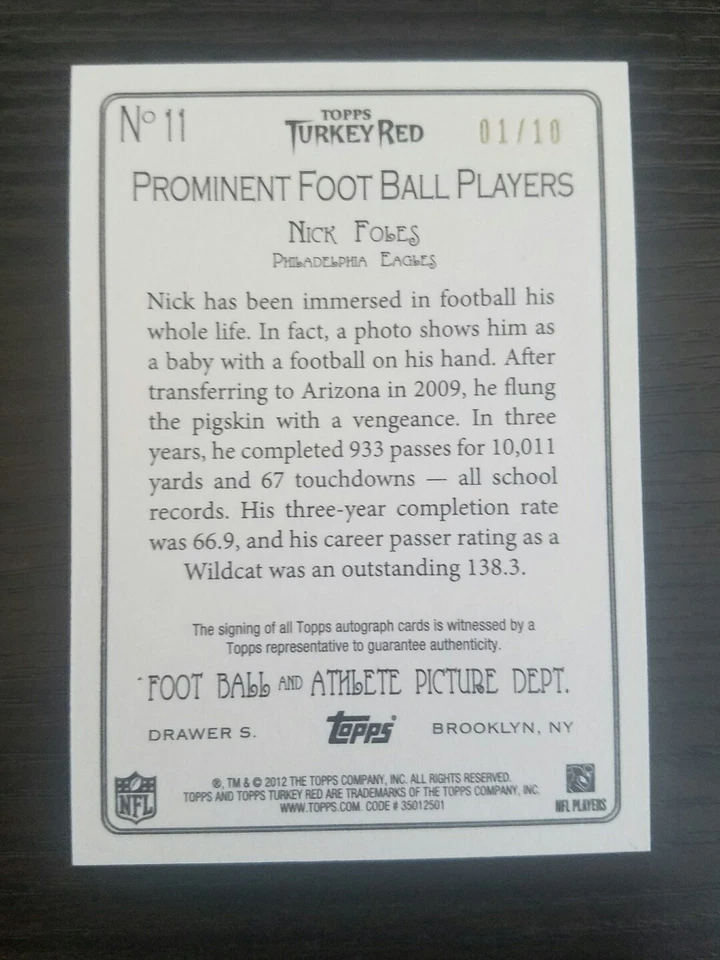 Nick Foles 2012 Topps Turkey Red #11 Philadelphia Eagles AUTO RC Autograph 01/10 - Image 2 of 2