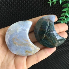 113g 2pcs Moss Agate Moon Carving Stone Quartz Crystal Specimen Collection