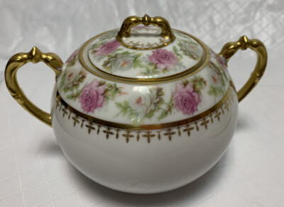 Limoges France AP M De M Sugar Bowl Gold Floral Porcelain Flowers
