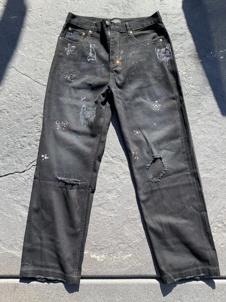 Balenciaga FW22 Runway Rhinestone Scribble Baggy Denim - Small Black Denim Baggy