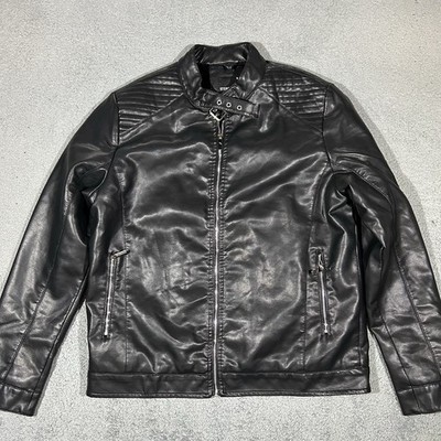 Stone Falcon Leather Jacket Men's Large Faux Fur Lined Full Zip Black