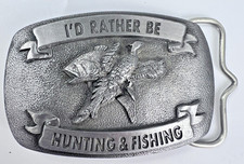 Vintage 1987 CJ Inc Pewter Belt Buckle I'd Rather Be Hunting Fishing Made In USA
