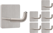 6 Pack Adhesive Towel Hooks Brushed Nickel Stainless Steel Wall Mount No Drill