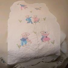 Vintage Hand Cross Stitched Baby Crib Quilt Bears